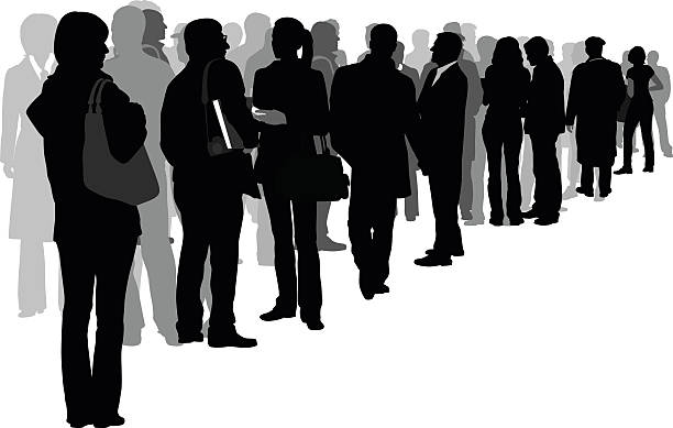 Angled Crowd Of Silhouette People A vector silhouette illustration of a crowd of people standing in line including adults by themselves and engaged in conversation. one point perspective person stock illustrations