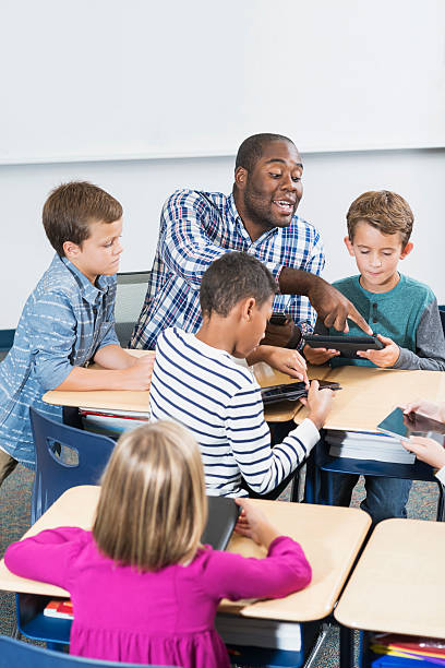 istock African American teacher and children, digital tablets 508966526
