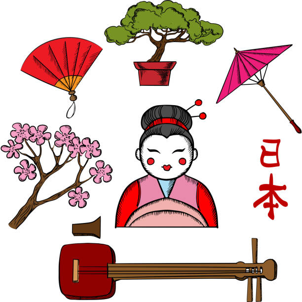 일본 여행 및 문화 아이콘 - asian culture bamboo zen like red stock illustrations