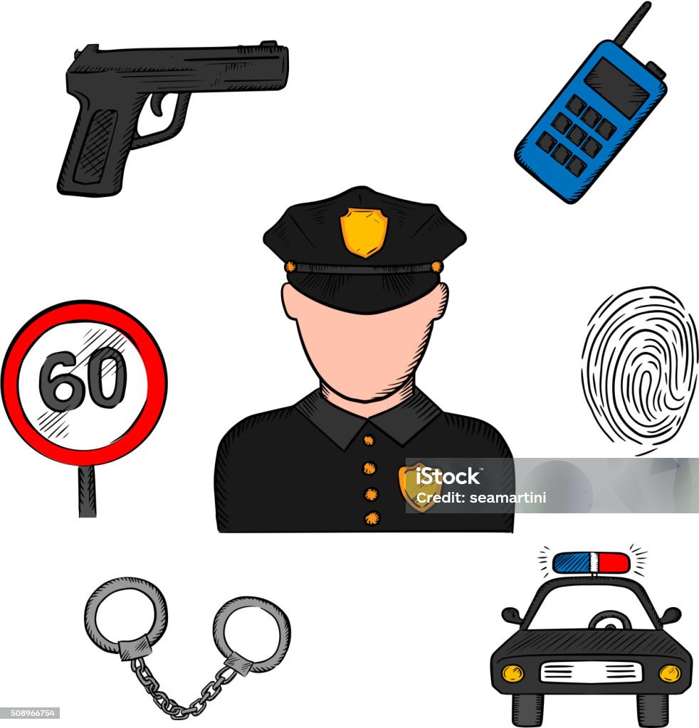 Policeman in uniform and police icons Policeman profession concept with officer in black uniform surrounded by police car, portable radio transceiver, fingerprint, handcuffs, gun and speed limit sign Adult stock vector