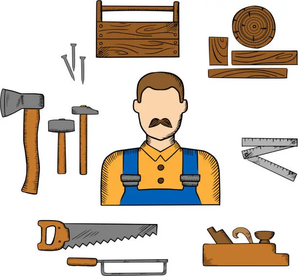 Vector illustration of Carpenter with timber and tools