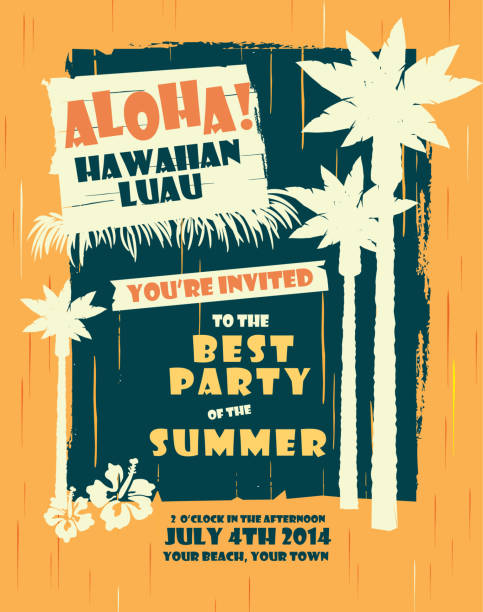 Retro revivalSummer Hawaiian Luau party celebration postcard advertisement design template. Cute and bright design which includes sample Aloha text design,palm trees, textures, sample text hibiscus flower. Retro color scheme.  Easy to edit with layers. Editable, printable, scalable. Vector illustration. Lot's of texture and vintage Hawaiian style.