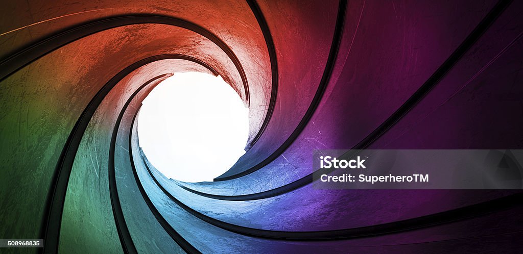 3d rainbow colored abstract frame barrel tube rainbow colored abstract swirled tube with white end Focus - Concept Stock Photo