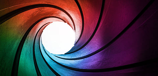 3d rainbow colored abstract frame barrel tube rainbow colored abstract swirled tube with white end aperture stock pictures, royalty-free photos & images