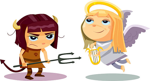 Devil Girl Angel Girl A little Devil girl and a little Angel girl. cartoon of the devils pitch fork stock illustrations