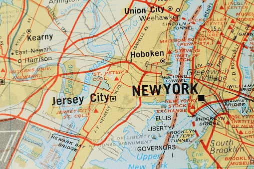 Map of New York showing an area from Union City in the north to Greenwich Village in the east to South Brooklyn and across to Jersey City.