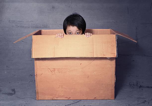 小さなアジアの少年にいるボックス - shy child little boys hiding ストックフォトと画像
