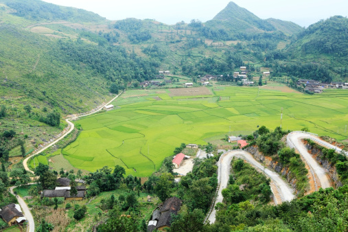 Rice fields and mountain pass in Northwest Vietnam