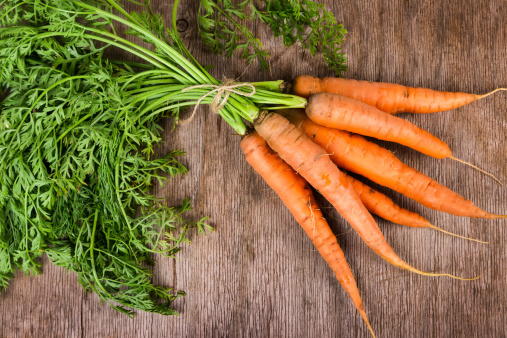 Fresh young carrots on a wooden background