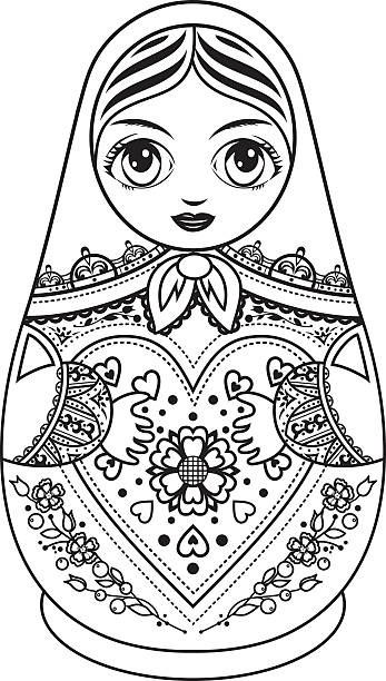 ilustrações, clipart, desenhos animados e ícones de matryoshka. monocromático - wood toy babushka isolated on white