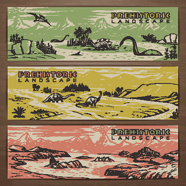 Dino banners 1 Prehistoric theme vector banner design with pristine landscape, carnivorous dinosaurs and ancient plants. Brochure, flyer, booklet, postcard template for product promotion and advertising lycopodiaceae stock illustrations