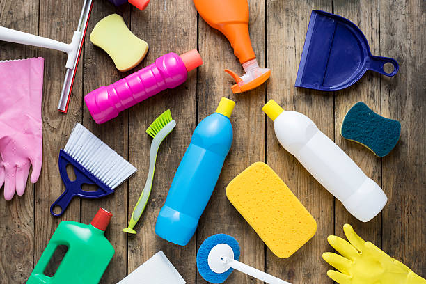 istock House cleaning product on wood table 509028744