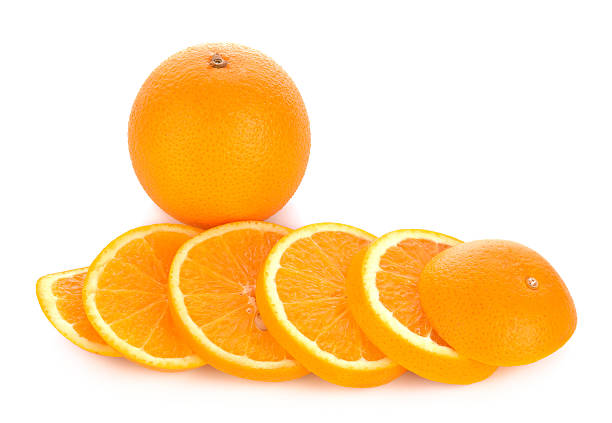 istock Sliced orange fruit isolated on white background 509029944