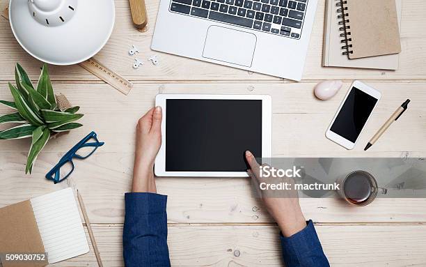 Tablet Hero Header Stock Photo - Download Image Now - Digital Tablet, Desk, High Angle View