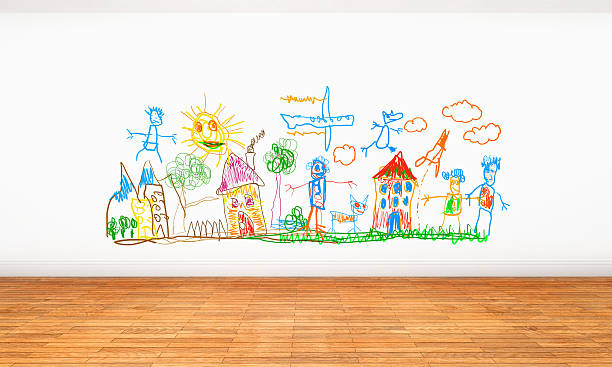 White wall with crayon drawings and doodles painted by kids White wall full of childhood scribbles, colorful doodles and crayon drawings painted by children in their home. Young creativity and fun at home. White wall with brown hardwood parquet. crayon drawing stock pictures, royalty-free photos & images