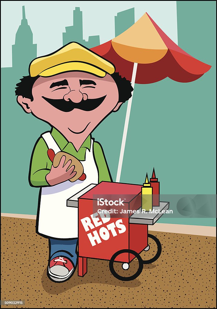 Hot Dog Vendor A man sells hot dogs on a city street. Apron stock vector