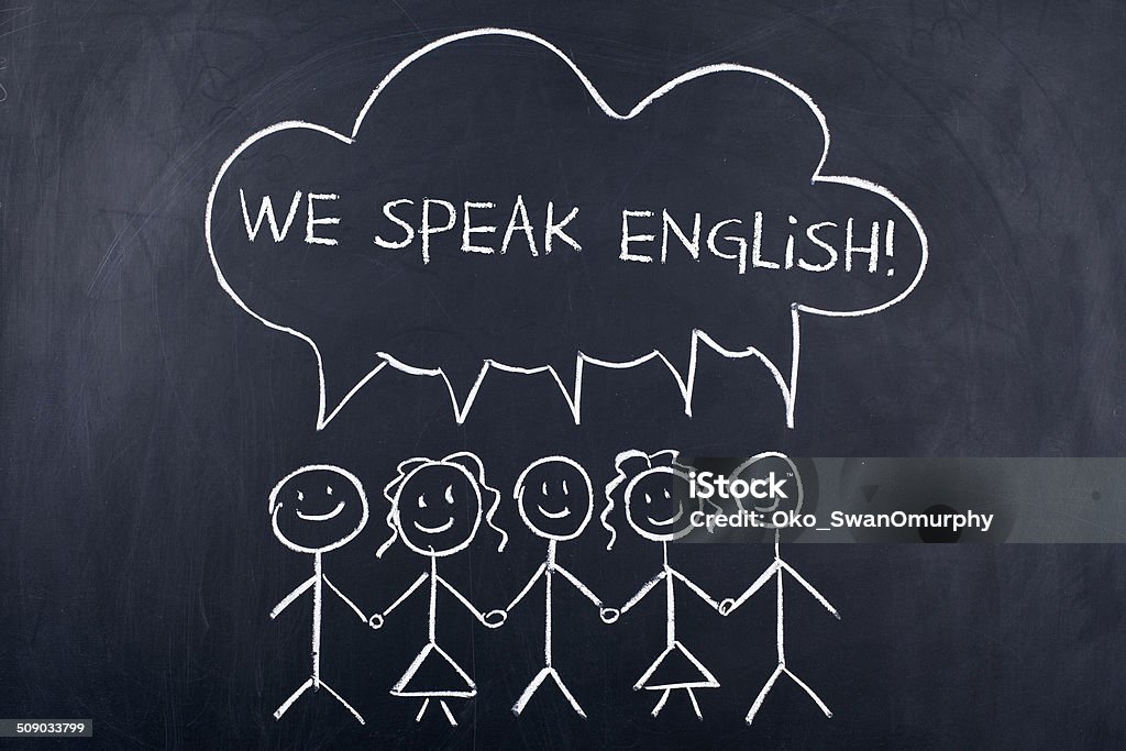 We Speak English Group of stick figures saying WE SPEAK ENGLISH on blackboard Chalkboard - Visual Aid Stock Photo