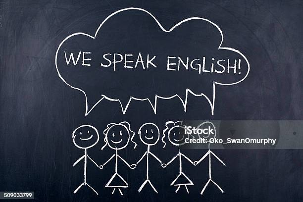 We Speak English Stock Photo - Download Image Now - Chalkboard - Visual Aid, Stick Figure, English Culture