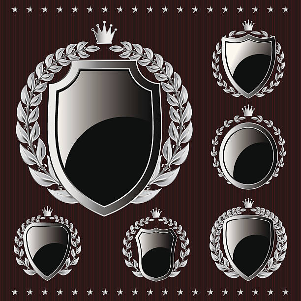 set of vector silver emblem with shield and wreaths set of vector silver emblem with shield and wreaths laurel maryland stock illustrations