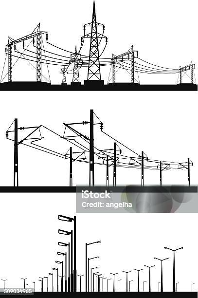 Elektrische Installationen Set Stock Vektor Art und mehr Bilder von Stromkabel - Stromkabel, Stromleitung, Turm - Bauwerk