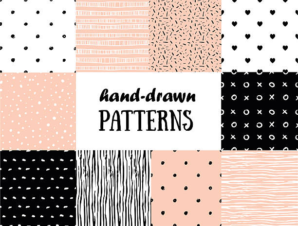 Set of abstract seamless patterns in pink, white and black Set of abstract seamless patterns in pink, white and black drawing of pink and black polka dot wallpaper stock illustrations