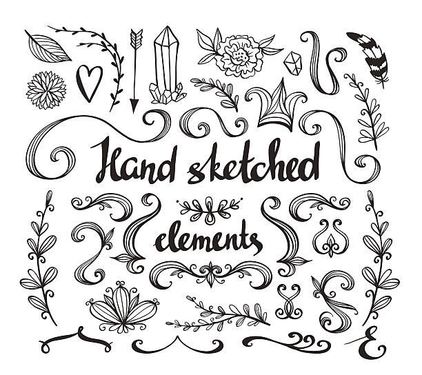 ilustrações, clipart, desenhos animados e ícones de conjunto de flores, arrow, penas e elementos decorativos. - frame sketching human hand doodle