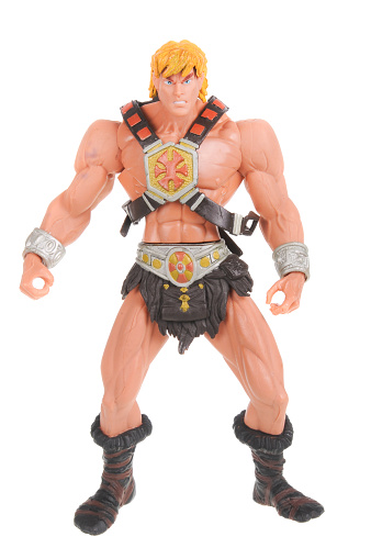 Adelaide, Australia - February 09, 2016: A studio shot of A He-Man Action Figure from the Masters of the Universe isolated on a white background. Masters of the universe was a popular animated series from the 1980's, merchandise from the series are highly valuable and sought after collectables.