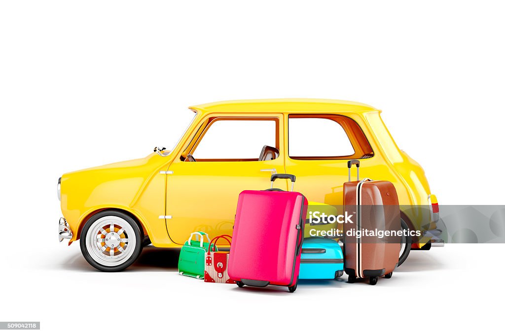 3d cartoon car and luggage, travel concept Three Dimensional Stock Photo