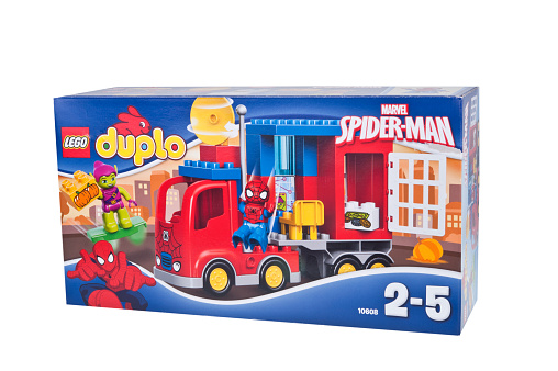 Adelaide, Australia - December 25, 2015: A studio shot of a Lego Duplo 10608 Spiderman Spider Truck Adventure Kit from the popular Lego Duplo series. Lego is extremely popular worldwide with children and collectors.