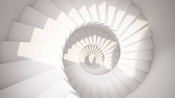 escalera en espiral blanca en luz solar resumen interior - escalón y escalera fotografías e imágenes de stock