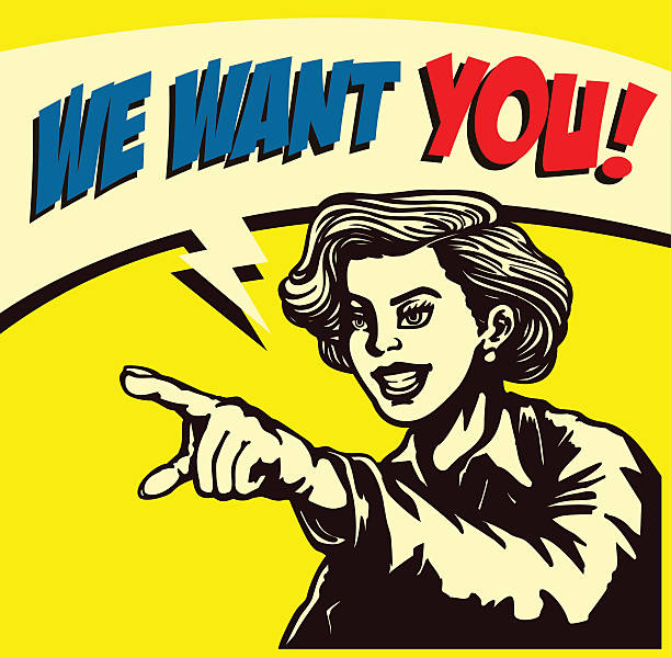 I want you! Retro businesswoman with pointing finger picking candidate for job vacancy, we're hiring sign comic book style vector illustration