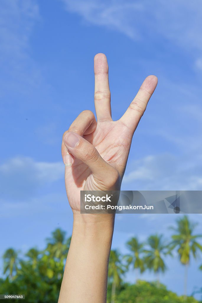 Mano de dos dedos hacia arriba victoria de mano firme sobre cielo azul - Foto de stock de Adulto libre de derechos