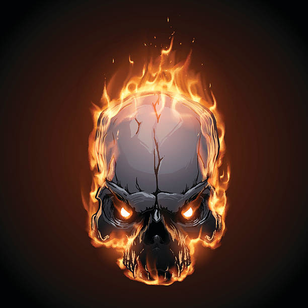 czaszka w ogień - rock and roll dark terrified human bone stock illustrations