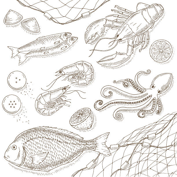ilustraciones, imágenes clip art, dibujos animados e iconos de stock de de pescados y mariscos, y pescado - red octopus