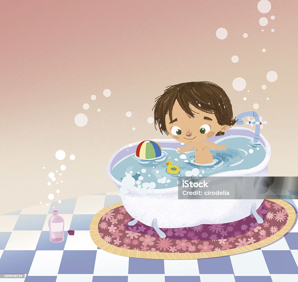 boy in bath This image is of a boy enjoying his bath in the tub, this illustration is fully made ​​computer and I am the author of the work. Animal stock illustration