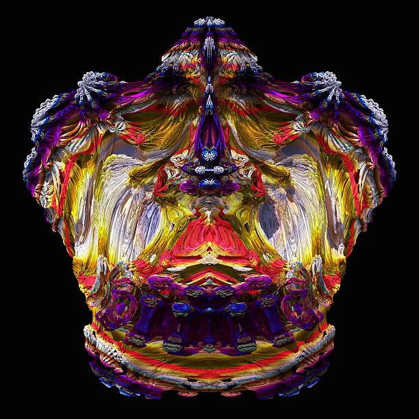 This example of 'painting by numbers' resulted in an elaborate, right royal crown. In reality the image is formed through a mathematical take on painting by numbers. It is a fractal image. Fractal images are a kind of mathematical graph, laid out as a picture. A number is put into an equation, and the answer is recorded as a coloured dot. That answer is then put into the same equation to generate a second answer, which is also plotted. This procedure is repeated thousands of times, with each new answer being used to generate the next one. The end results can be astonishingly complicated and beautiful, and any part of the image can be zoomed into in order to reveal even more complexity.