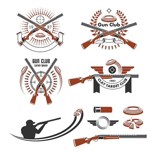 ilustraciones, imágenes clip art, dibujos animados e iconos de stock de arcilla objetivo emblemas y diseño elementos - target shooting