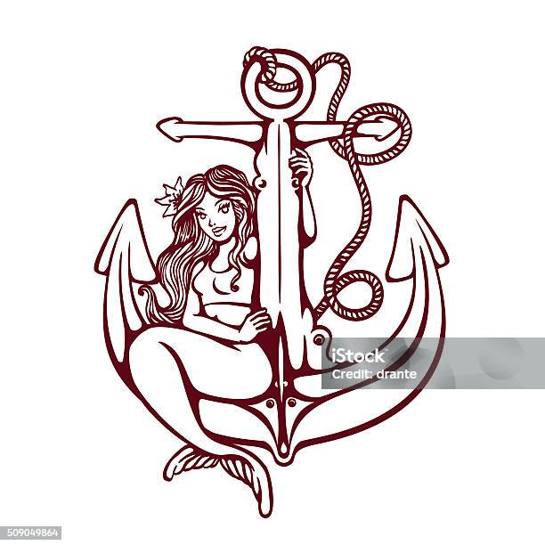 Siren Mermaid Pinup Girl On Anchor Oldschool Tattoo Vector Design Stock Illustration - Download Image Now