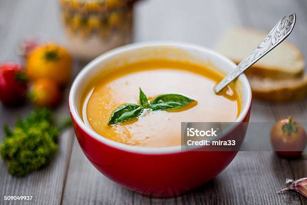 Tomato Soup Stock Photo - Download Image Now - Basil, Bowl, Bread