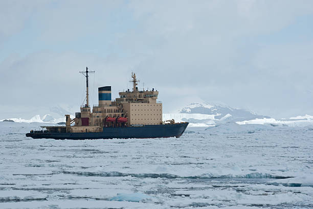 istock icebreaker which floats on the frozen Strait spring 509050479