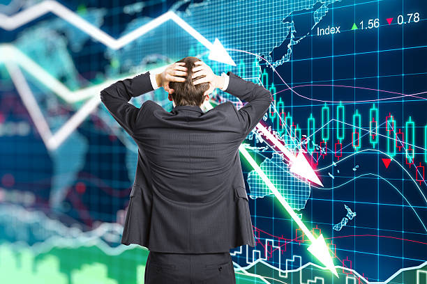 Illustration of the crisis concept with a businessman in panic stock photo