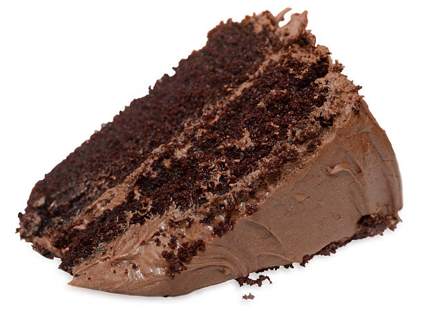 Tipped slice from a piece of double layered chocolate cake covered with chocolate icing in front of a white background.