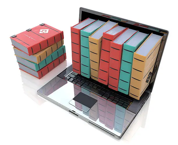 Digital library - Colored books inside computer in the design of the information related to online education and training