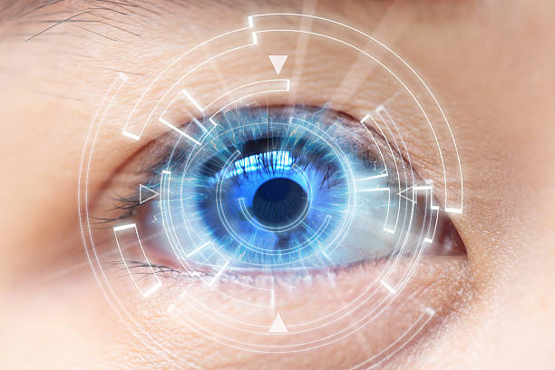 istock Close-up of woman's blue eye. High Technologies, contact lens 509053702