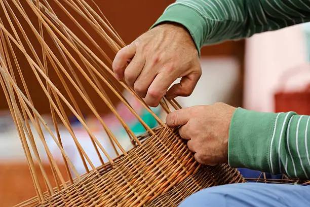 Close-up shot of basker maker hands at work