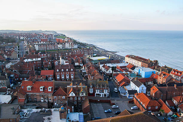 Cromer, England - November 9, 2011: An aerial view of the seaside resort of Cromer on the North Sea, facing west from the tower of the Cromer church.