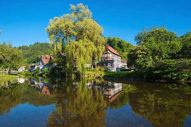 Historic half-timbered houses on the raftsman-meadow at the confluence of the Schiltach river and the Kinzig river, Schiltach, Black Forest, Baden-Wurttemberg, Germany, Europe