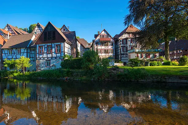 Historic townscape with half-timbered houses at the Kinzig river in Schiltach, Black Forest, Baden-Wurttemberg, Germany, Europe