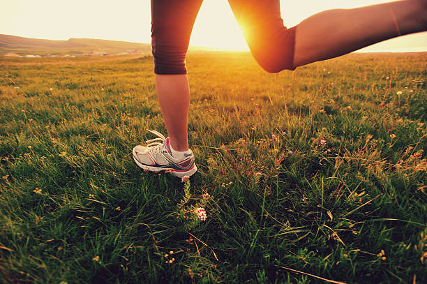 Runner athlete legs running on sunrise/sunset grass field. woman fitness jogging workout wellness concept.