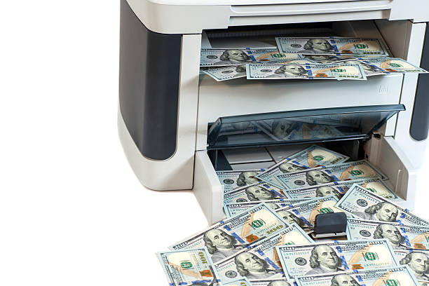 istock Printer printing fake dollar bills isolated on white background 509091308